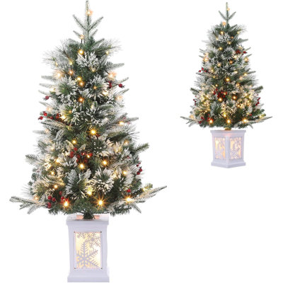 Arbre de Noël - Arbre flocage à fibre optique imitation 3 pi, boîte à lumière, boîte à piles 8 modes, lumière blanche chaude 70 DEL