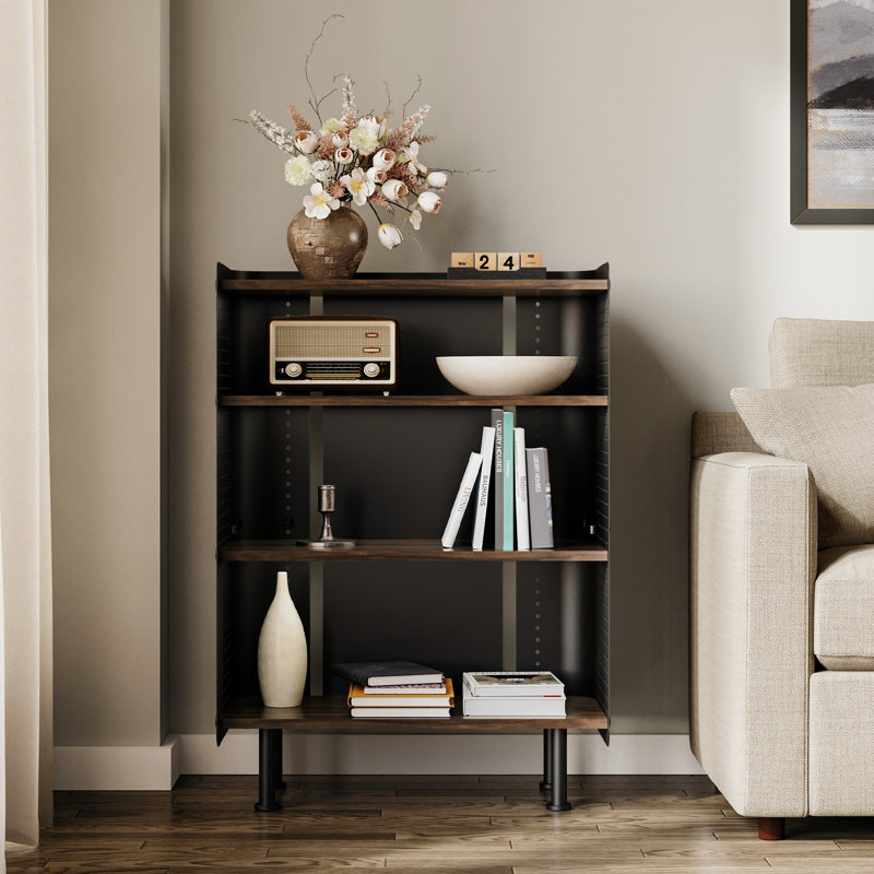 4 Tier Bookshelf, Modern Open Bookcase with Pegboard, (4 Shelves) 33.6"H x 24.3"W x 12.3"D, Brown