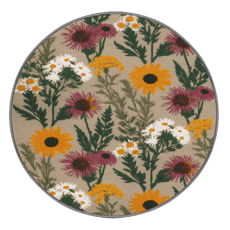 Tapis gris botanique lavable à la machine, Rond 8 pi