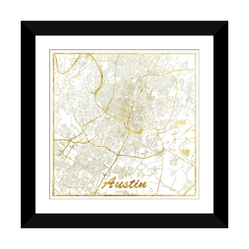 «Austin Gold Leaf Urban Map» par Hubert Roguski - impression, H 16 po x l 16 po x P 1 po, Papier d'art encadré noir, Blanc