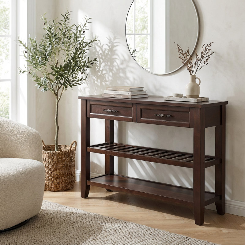 Console en bois massif de style Mid-Century avec deux tiroirs de rangement et deux tablettes ouvertes