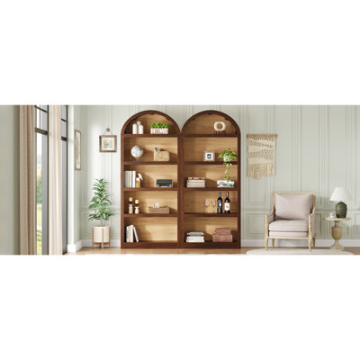 Freestanding Tall Bookshelves Set of 2, Farmhouse Two-Tone Open Storage Cabinet with Fabric Arched Top