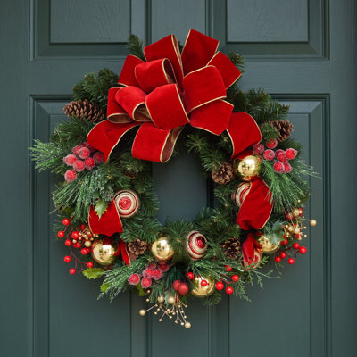 Festive Holiday Wreath with Berries, Ornaments and Pinecones
