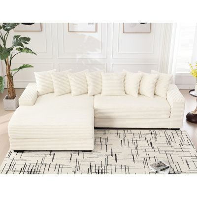 L en forme de L beige avec méridienne gauche, velours côtelé de luxe, 8 coussins, facile à assembler pour le velours côtelé à la maison, méridienne longue, beige, pour assembler un décor moderne
