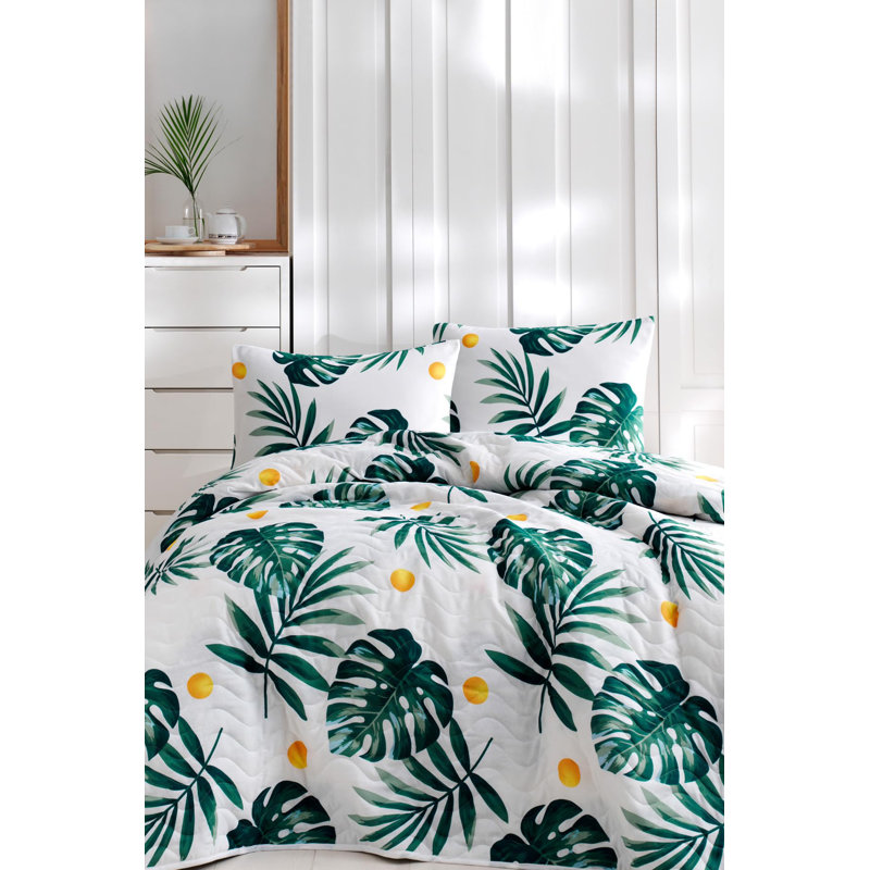 Elegant Single Bedspread Set, White/Green/Yellow, 63 x 87 | 65% Cotton / 35% Polyester, 270 GSM, 120 Thread Count | Includes 1 Pillowcase (20 x 28) | Machine Washable, Button & Envelope Closure, Cozy and Stylish Design