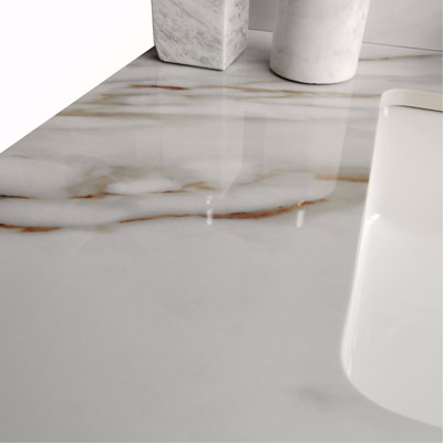 Comptoir de meuble-lavabo en marbre de 37 po, comptoir de salle de bain avec lavabo central encastré rectangulaire et dosseret de 4 po de hauteur, comptoir pré-percé avec trou de robinet de 8 po, blanc de Carrare avec veines