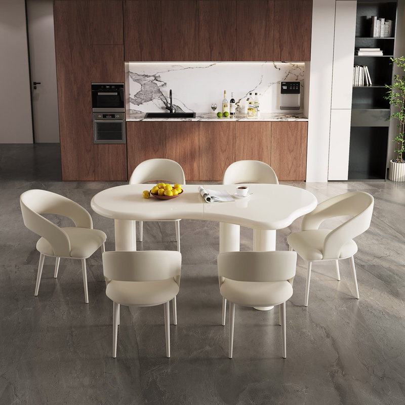 62.2" Irregular Cream White Dining Table Set With 6 Chairs , 7-Piece (1 Table,6 chairs)