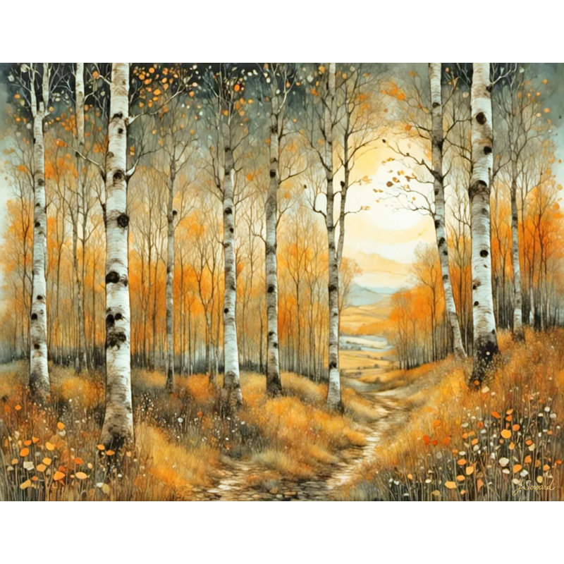 Golden Birch Path - Autumn Forest, art mural sur toile tendue, H 12 pi x l 16 pi