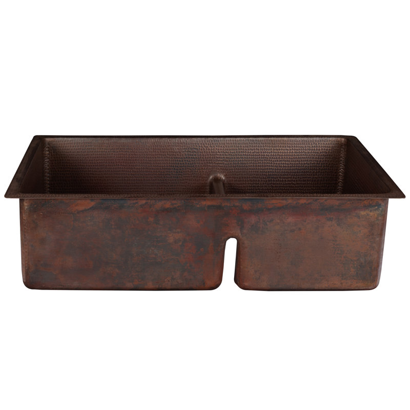 33" Hammered Copper 60/40 Double Basin Kitchen Sink with Short 5" Divider