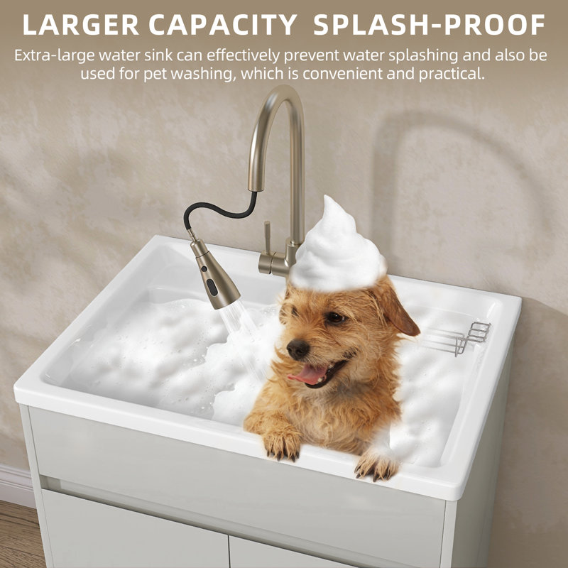 Freestanding 30'' Light Grey Laundry Sink Cabinet with Hot & Cold Water Faucet Drop-in Solid Surface Utility Sink