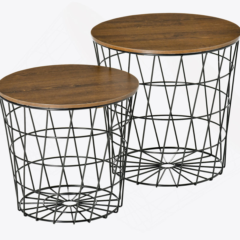 Ensemble de 2 tables de bout, tables gigognes avec rangement, tables d'appoint rondes avec plateau amovible