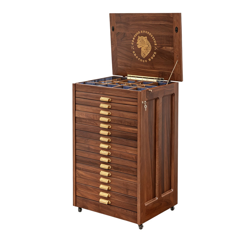 Armoire à bijoux vintage en noyer, 67 cm (26,38 po), grande capacité, 14 niveaux, poignées en laiton et roulettes – Coffret de rangement à plusieurs tiroirs avec couvercle rabattable pour colliers et boucles d'oreilles.