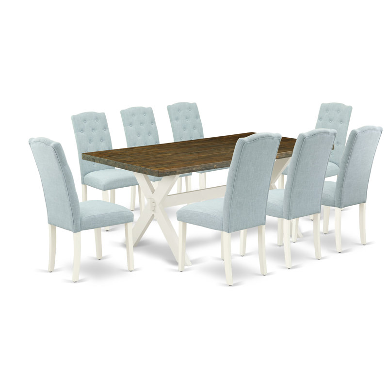 9 Piece Dining Room Set Includes a Rectangle Kitchen Table with X-Legs and 8 Baby Blue Linen Fabric Upholstered Parson Chairs, Wire Brushed Linen White