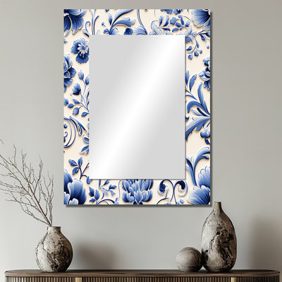 Lassiter Cobalt Blue Renaissance Flourish Victorian Pattern - Floral Decorative Wall Mirror, Floral Large Mirror, Printed Metal Art