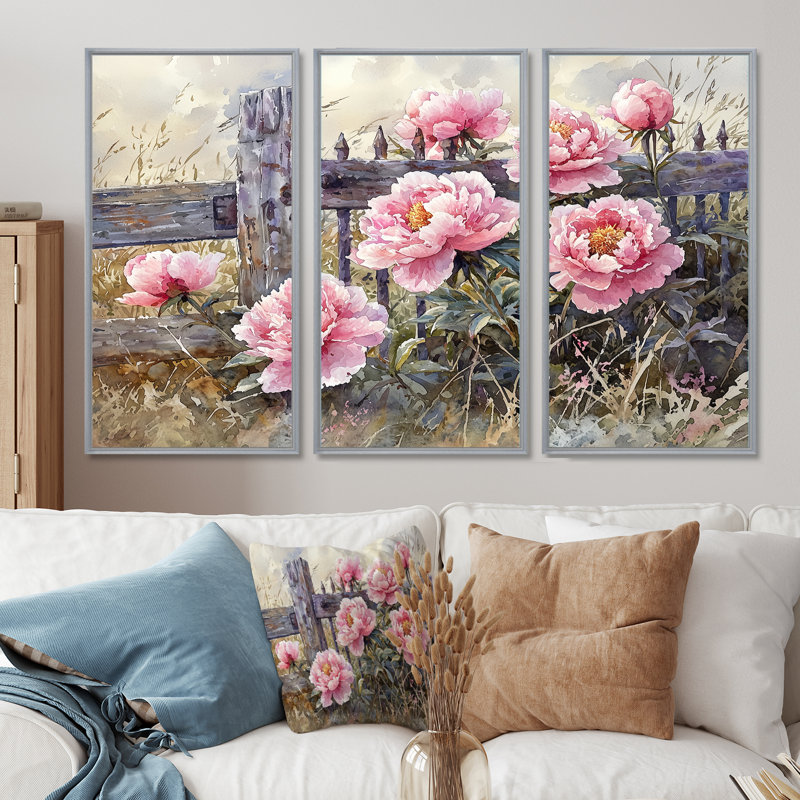 Peonies By The Farm Gate I - Peonies Wall Art - Set Of 3, 28" H x 36" W, Framed Print without Mat, Silver