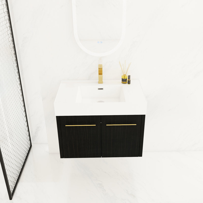 Armoire de salle de bain 30 po avec lavabo, fixation murale, finition châtaignier noir, lavabo en résine épaisse, porte silencieuse, meuble-lavabo à accessoires, couleur, charnières lisses, luminaire