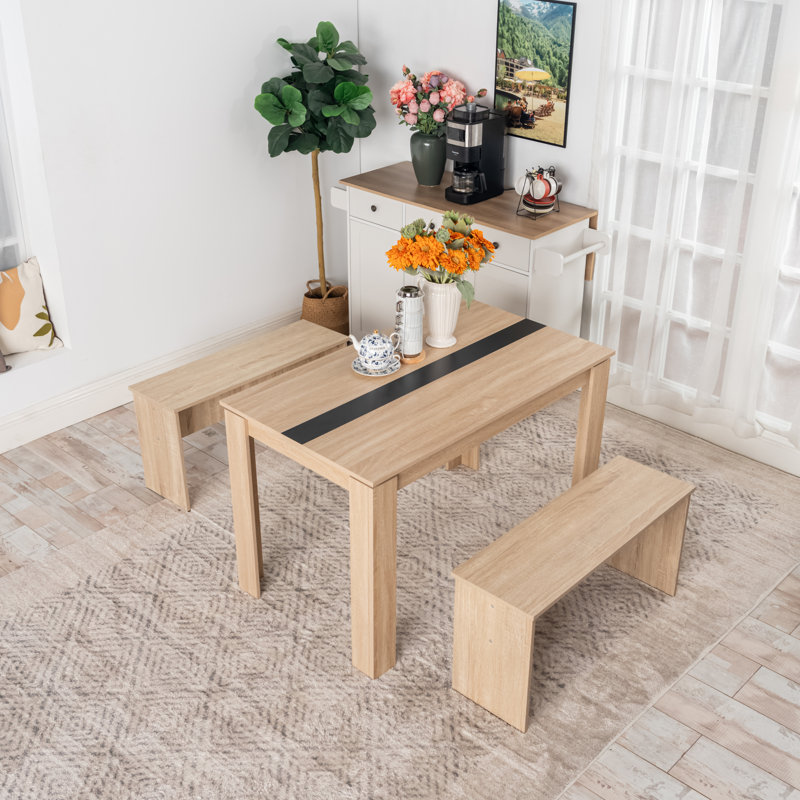 Space-Saving Wood Dining Table Set For 4, Dining Table Set With 2 Benches, Oak, Oak/Black, 29.50”H x 47.20”L x 27.60”W