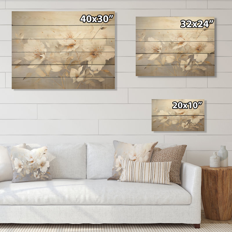 Beige fleurs saisonnières simples - fleurs saisonnières, art sur bois de pin naturel, H 10 po x l 20 po