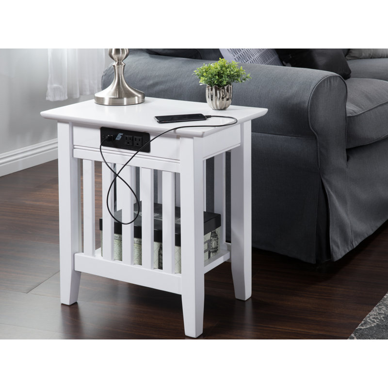 Jarrah Solid Wood End Table and Built-In Outlets, 22" H x 14" W x 22" D, White