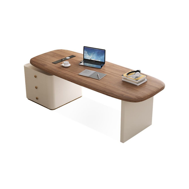 Bureau rectangulaire à 3 tiroirs en bois manufacturé brun noisette + blanc beige, H 29,53 po x l 70,87 po x P 27,56 po