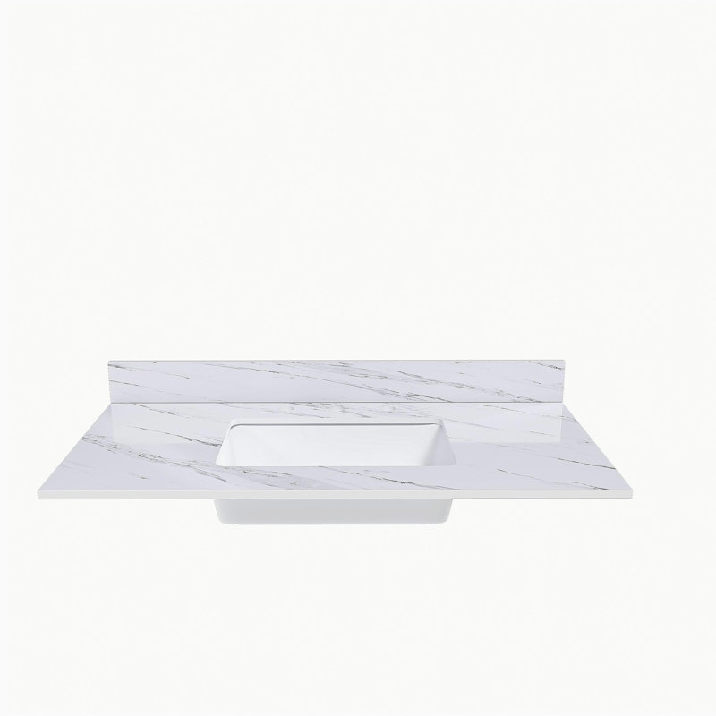 Comptoir de meuble-lavabo en marbre de 43 pouces, comptoir blanc avec 3 trous de robinet pré-percés, comptoir de salle de bain avec lavabo central rectangulaire encastré et dosseret de 4 po de hauteur, Bianco Carrara Venato