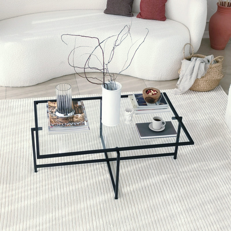 Modern Coffee Table with 100% Tempered Glass Top, 37.0 x 13.8 x 25.2 inches | Sleek Black Finish, Metal Legs, Electrostatic Oven Dried Painting | Tarnish Resistant, Ideal for Industrial & Contemporary Living Spaces