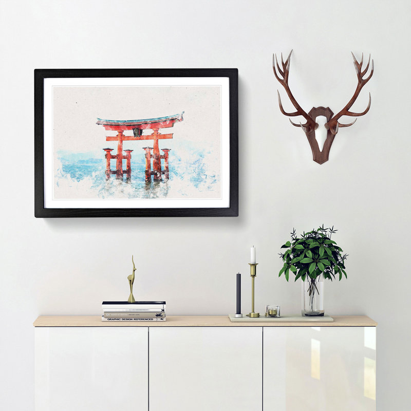 Itsukushima Shrine in Hiroshima Japan - Picture Frame Painting Print, 45cm H x 63cm W x 2cm D, Black Framed