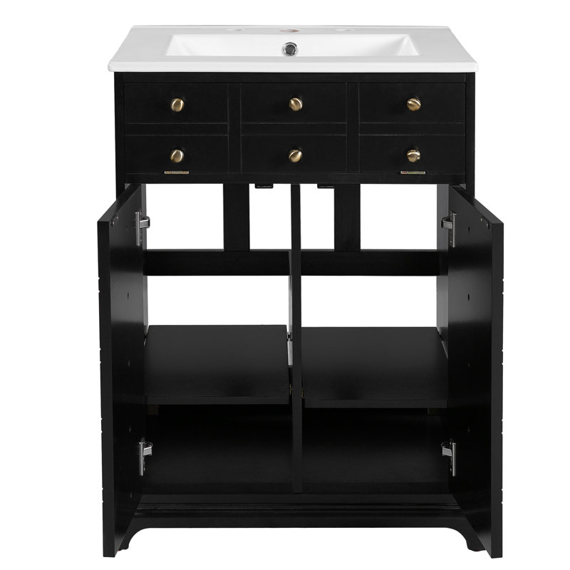 Meuble-lavabo de 24 po avec rangement pour porte d'armoire, construction moderne, lavabo brillant, tiroir et portes faciles à assembler, finition lisse contemporaine, lavabo en céramique, rangement organisé