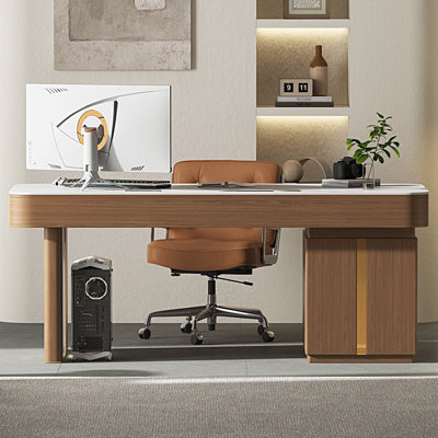 Bureau de direction de luxe de 180 cm (71 po), plateau en pierre frittée, table de PDG avec 5 tiroirs, prises électriques et ports USB intégrés, piètement en bois, grand bureau moderne pour la maison et le bureau.
