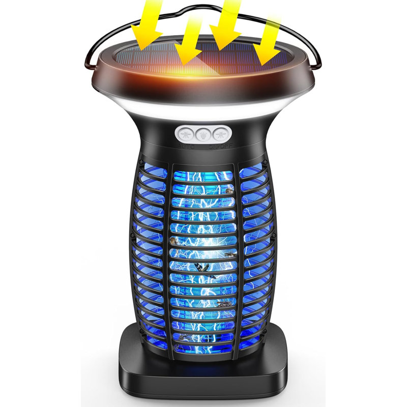 3-in-1 Solar Powered Outdoor Bug Zapper with Integrated Night Light for Bedroom, Patio, and Camping, Black