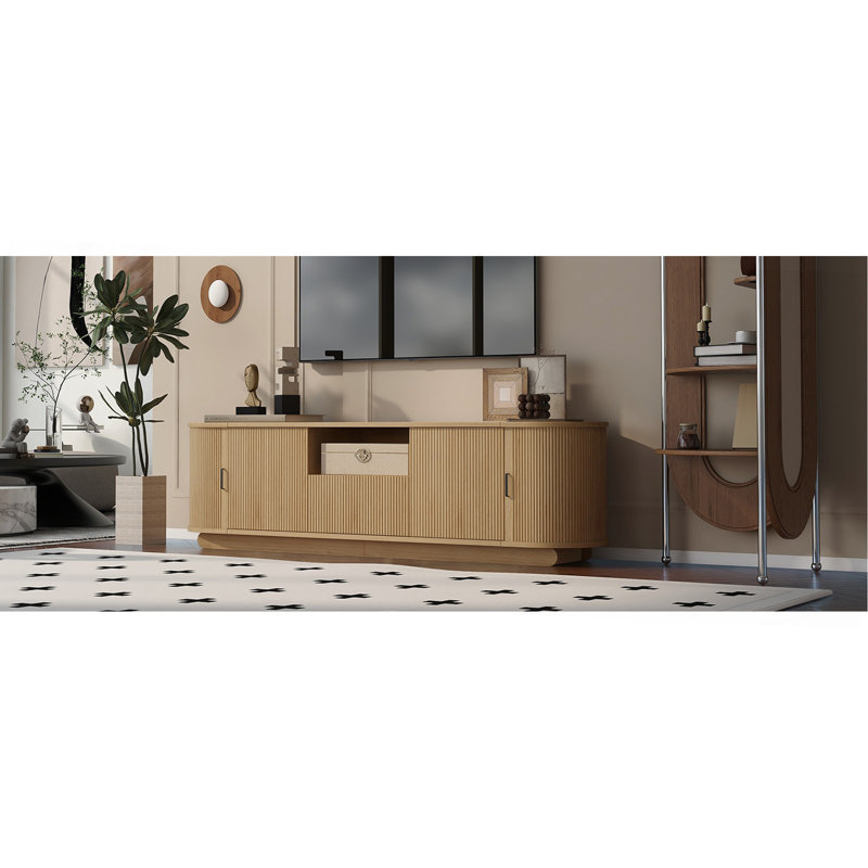 Meuble télé avec tablette ouverte, tiroir, armoires, rangement coulissant caché, coins arrondis, l 70,86 po