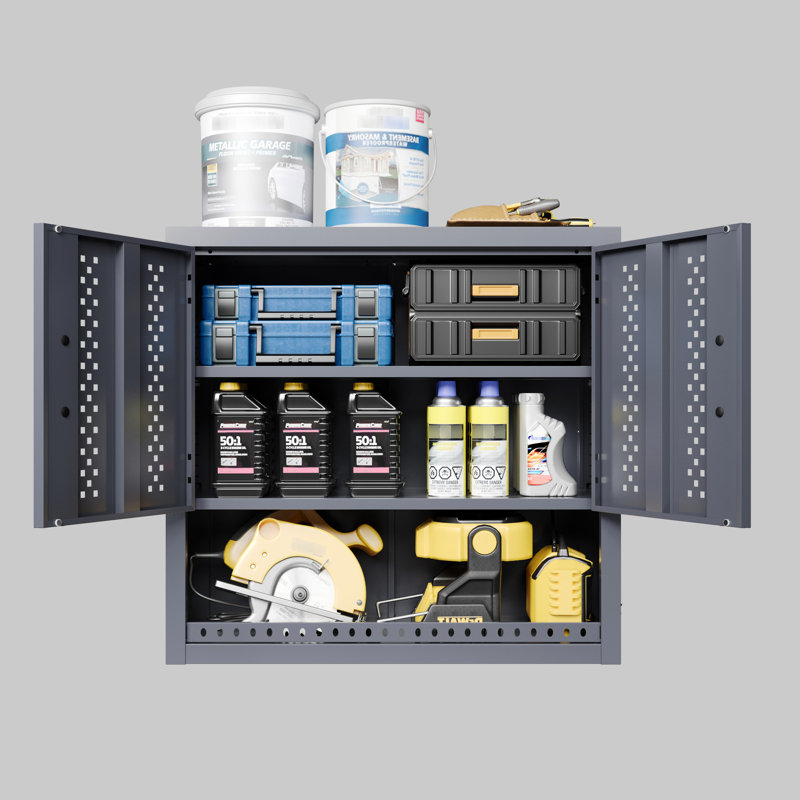 Armoire de rangement murale grise de 30,92 po de hauteur avec porte, armoire à outils flottante, tablettes amovibles, mouvement de charnière précis en acier pour cuisines, sous-sols, entrepôts, assemblage rapide,