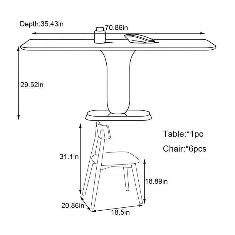Ensemble de table de salle à manger rectangulaire de couleur noyer, 7, H 29,53 po x L 70,86 po x l 35,43 po