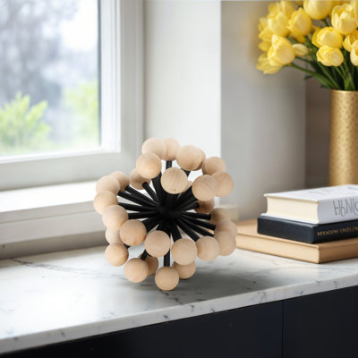 Decorative Orb Sculpture with Wood Fir Spheres and Iron Metal Spokes - Modern Accent Sphere with Geometric Atomic-Inspired Design for Artful Display or Centerpiece Decor
