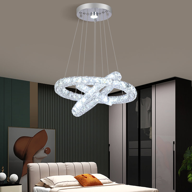 Modern Crystal Chandelier, 3 Rings Round LED Ceiling Light Recessed Mount Stainless Steel Pendant Light Fixture for Bedroom Dining Room Living Room,Stepless dimming with remote control