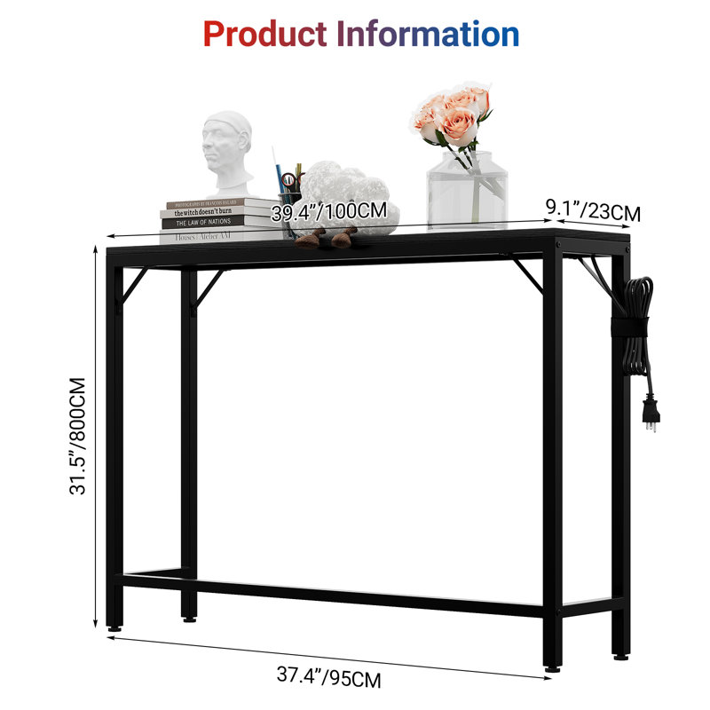 Canapé console moderne noir étroit avec prises de courant intégrées - Table de canapé mince derrière le salon, l'entrée ou le couloir - Assemblage facile - Noir