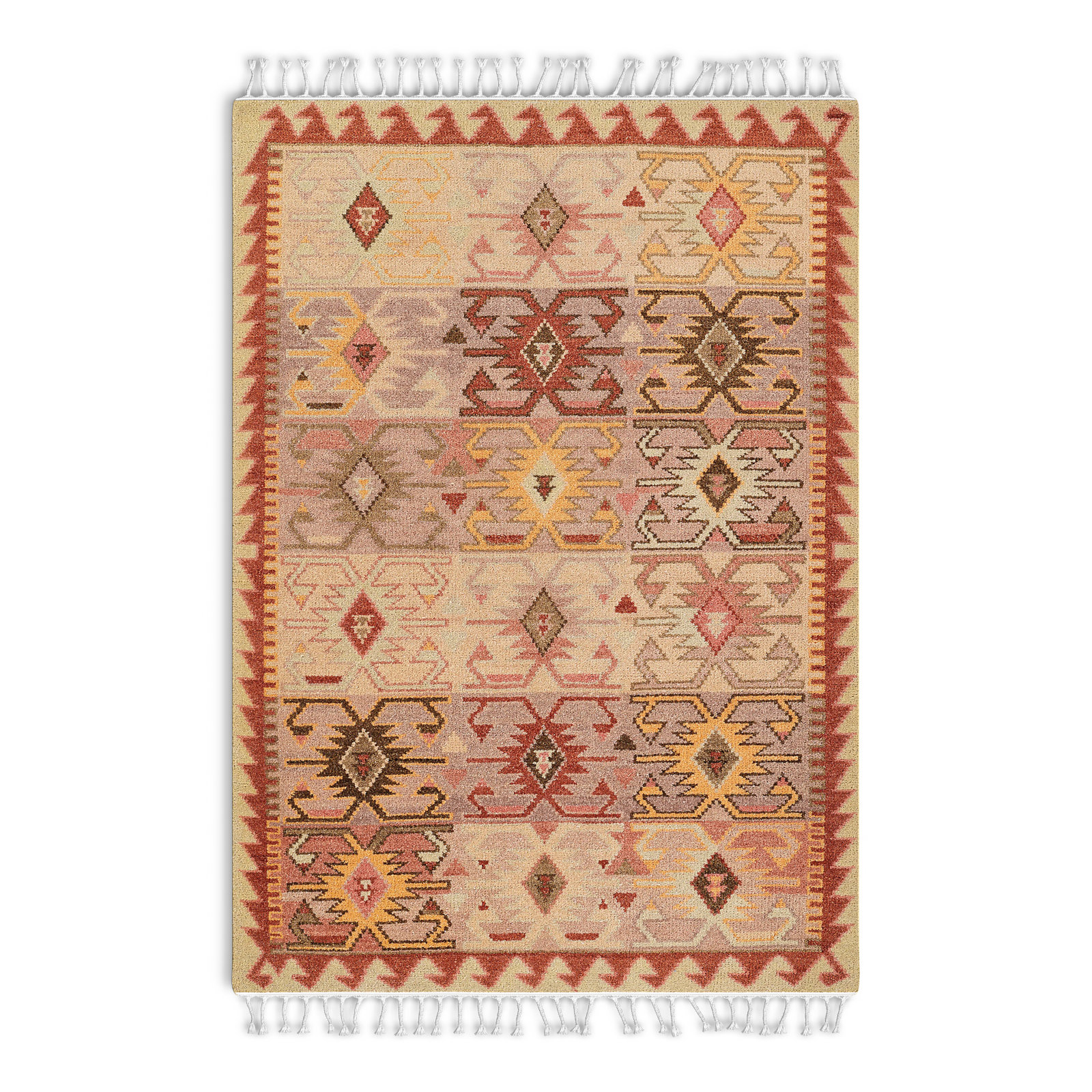 Beige Red Yellow Hand-Knotted Wool Rug, Rectangle 3'6" x 5'6"