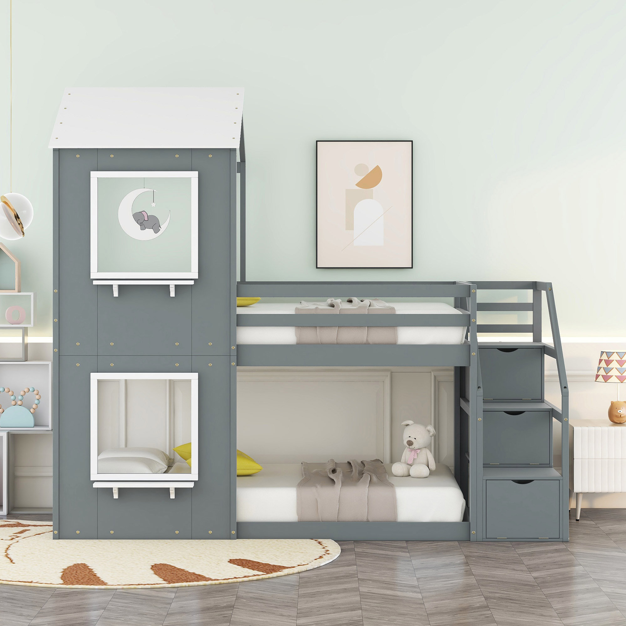 Lit Superposé Enfant 207x97 Cm Avec Escalier Et Toboggan - Lit Mezzanine Blanc + Couleur Bois