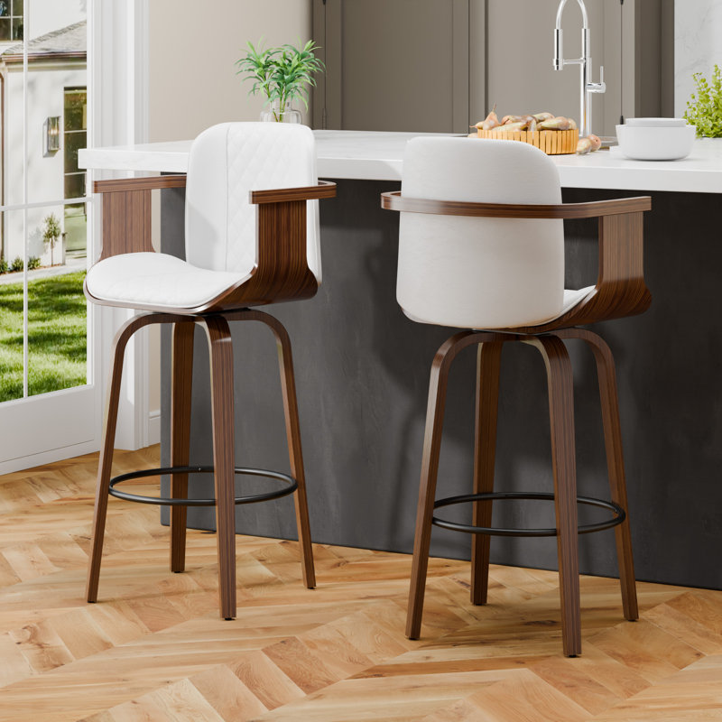 Ensemble de 2 tabourets de bar pivotants à dossier haut 26 po avec repose-pieds, Beige, 2