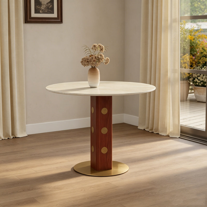 33.5" Modern Round Dining Table, Matte Cave Stone Slate Top with Wooden Legs & Gold Base, 2-Seater Small Space Kitchen Table, 150lbs Capacity