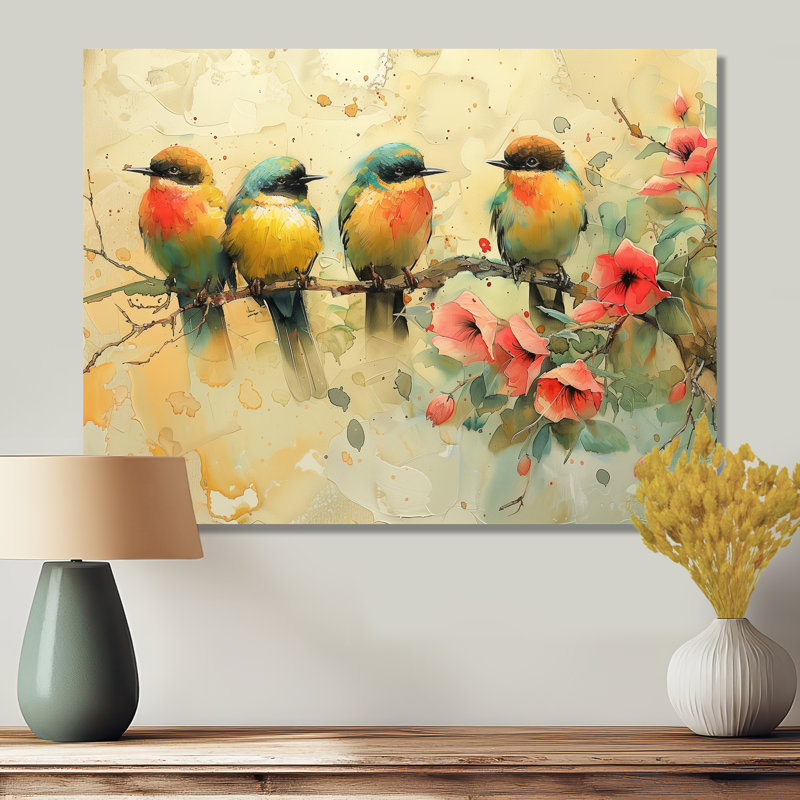 Fleurs jaunes et vertes d'Eden Birds III - décoration murale oiseau, Métal métal, H 12 po x l 20 po x P 1 po