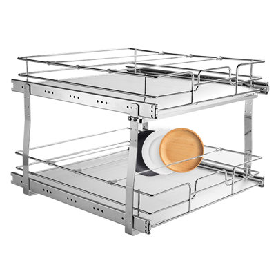 2 Tier Steel Roll Out Pantry Shelves, 20"Wx21"Dx15"H, Practical Storage For Kitchen, Smooth And Quiet Sliding, Easy To Clean Pull Cabinet Organizer, Heavy Duty Slide Shelves Cleaning Supplies Pans,