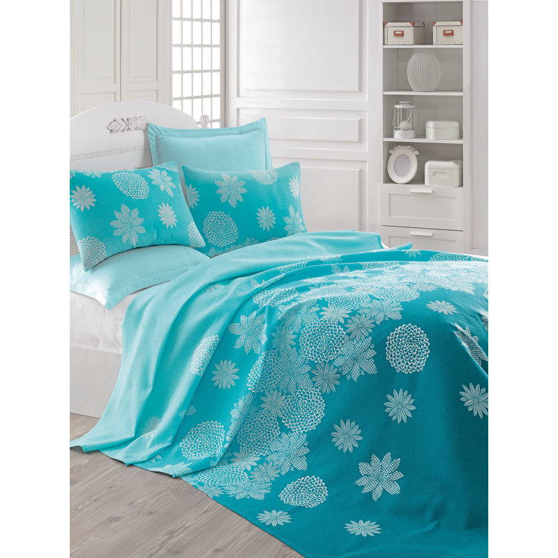 Couvre-lit 100% coton Lakeway, Couvre-lit 63 po x 93 po, Turquoise / blanc