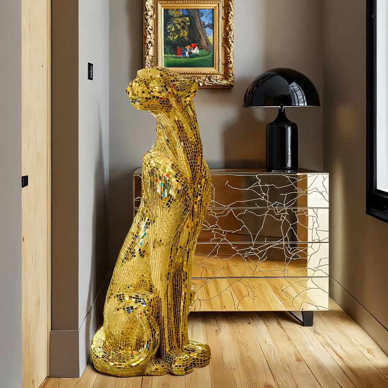 Crystal Jaguar Statue Gold Mirror Finish - Left , Gold