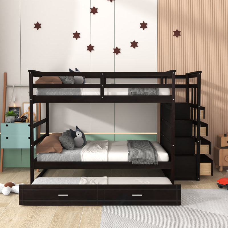 Hazlee Kids Full Over Full Bunk Bed with Trundle with Drawers, Espresso