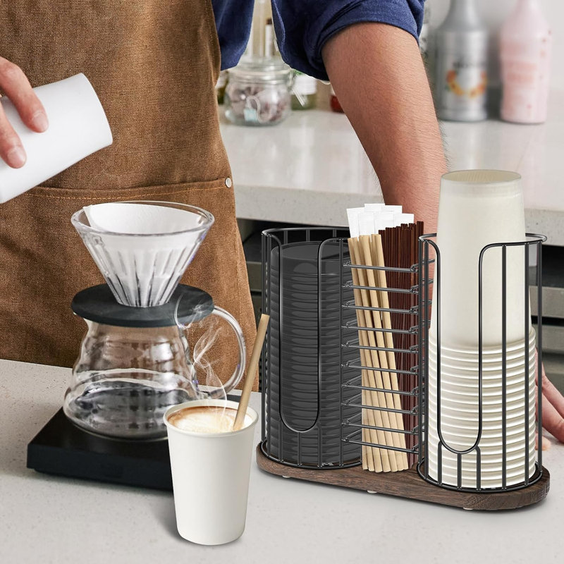 3-Compartment 18oz Coffee Cup Dispenser Rack with Wood Base, Disposable Cup, and Lid Organizer- Perfect for Paper Cups, Straws, and Kitchen Cabinet Storage