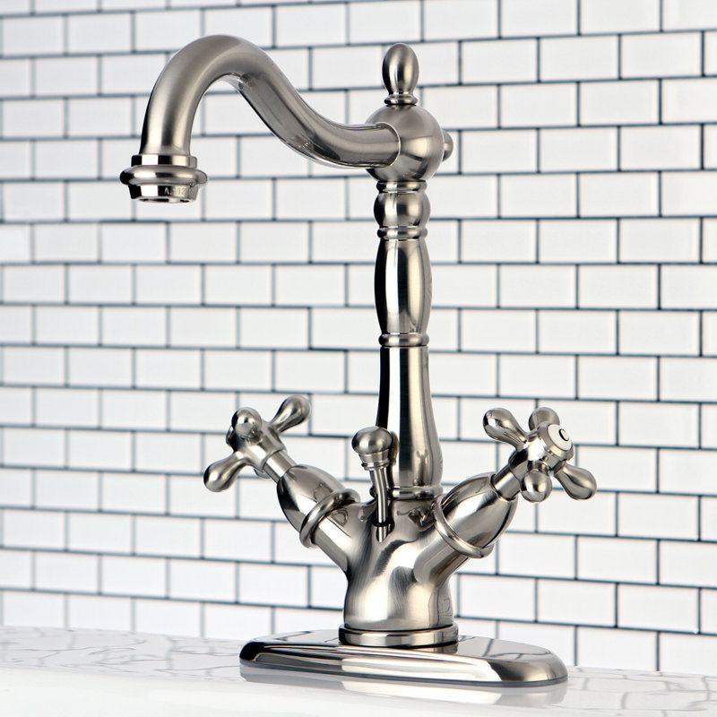 Kingston Brass Heritage Two-Handle 1-or-3 Hole Deck Mount Bathroom Faucet with Brass Pop-Up, Brushed Nickel