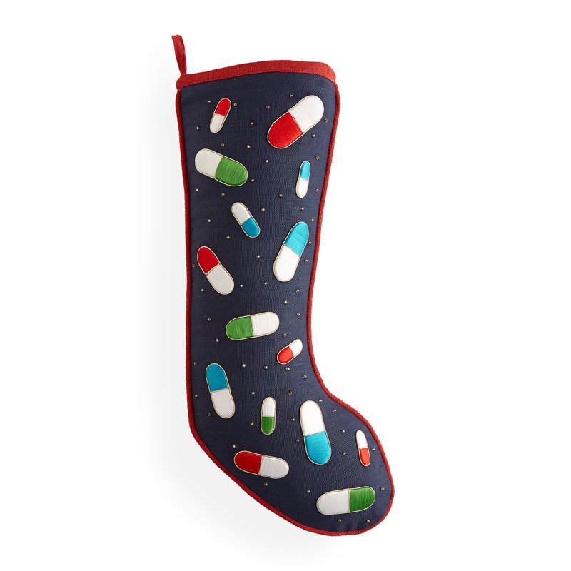 Deep Navy Linen Holiday Stocking with Colorful Capsules