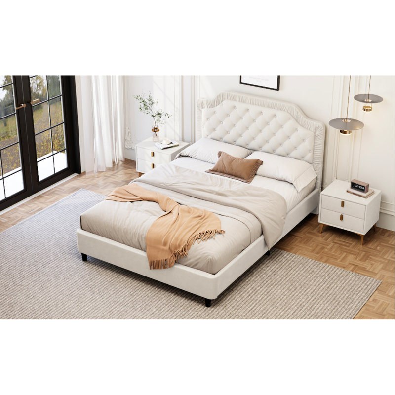 King Size Bed With Button Tufting And Headboard - Velvet Upholstery No Box Spring Fabric Platform Easy To Assemble, White