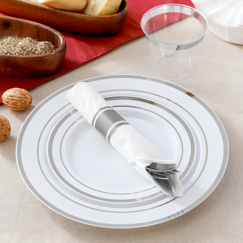  Service de vaisselle 350 pièces pour 50 personnes en blanc avec garniture argentée, Blanc / argenté
